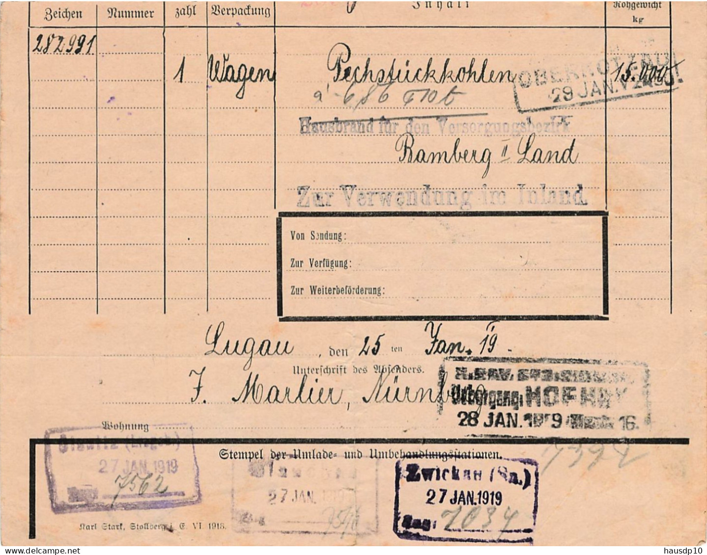 Teil Frachtbrief Bahnpost 1919 Lugau - Zwickau - Bamberg - 1900 – 1949