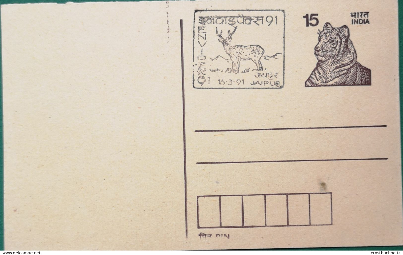 Indien Postkarte Tiger Mit SSt 1991 Sikahirsch - Ongebruikt