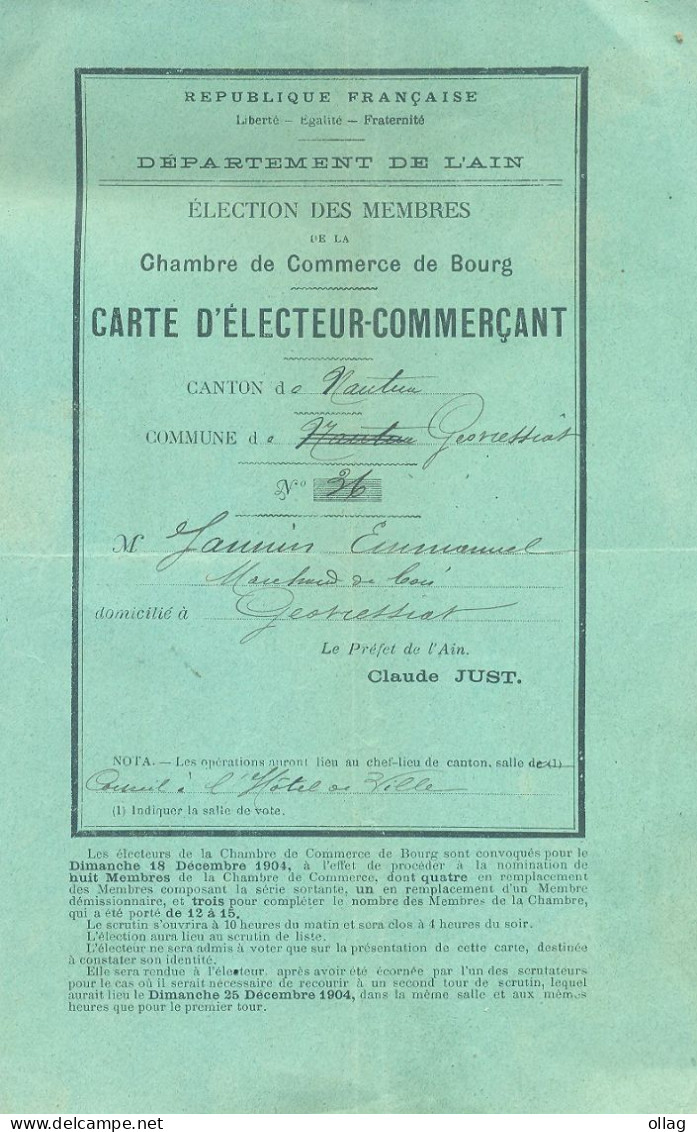 269 - CARTE D ELECTEUR COMMERCANT BOURG AIN - Manuscrits