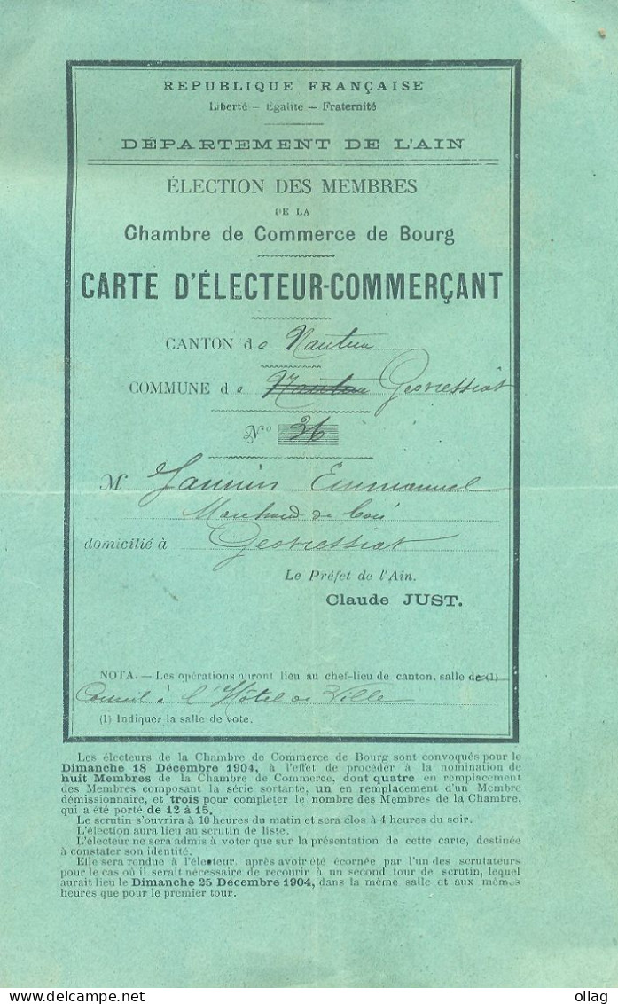 269 - CARTE D ELECTEUR COMMERCANT BOURG AIN - Manoscritti