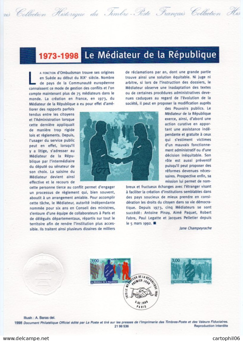 - Document Premier Jour LE MÉDIATEUR DE LA RÉPUBLIQUE 1973-1998 - - Documents De La Poste