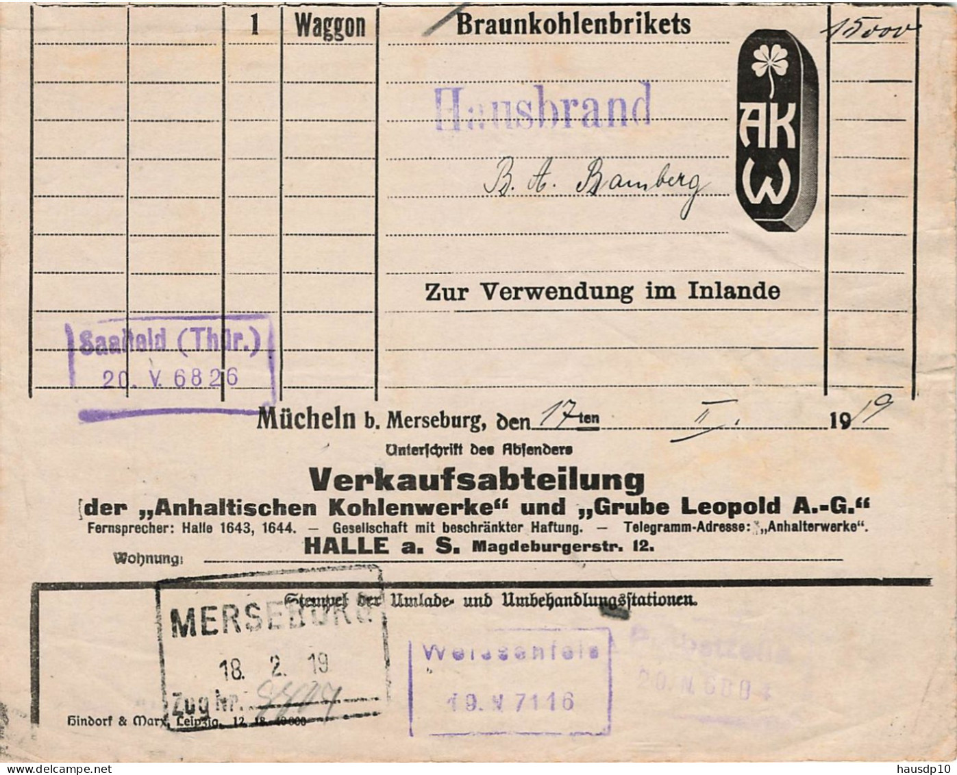Teil Frachtbrief Bahnpost 1919 Merseburg - Weisseenfels - Saalfeld - Mücheln - Bamberg - 1900 – 1949