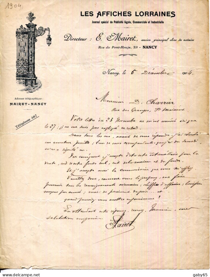 FACTURE.54.NANCY.LES AFFICHES LORRAINES.JOURNAL SPÉCIAL DE PUBLICITÉ LÉGALE.E.MAIRET 23 RUE DU PONT-MOUJA. - Druck & Papierwaren