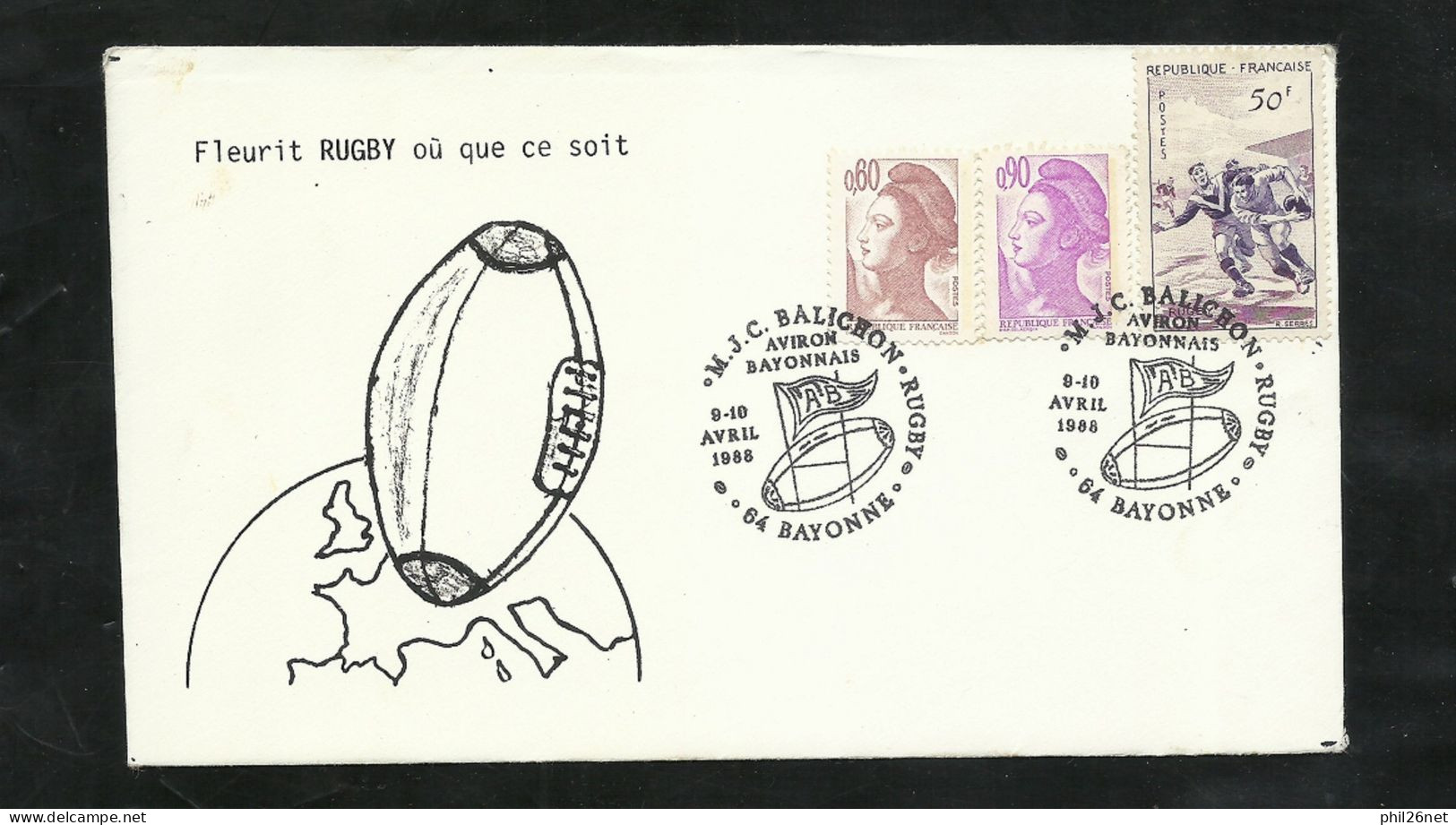 Lettre Illusttrée "ballon Rugby " " Aviron Bayonnais  9 Et 10/04/1988 N°1074; 2239 ; 2242 Rugby +cachets Illustrés B/TB - Rugby