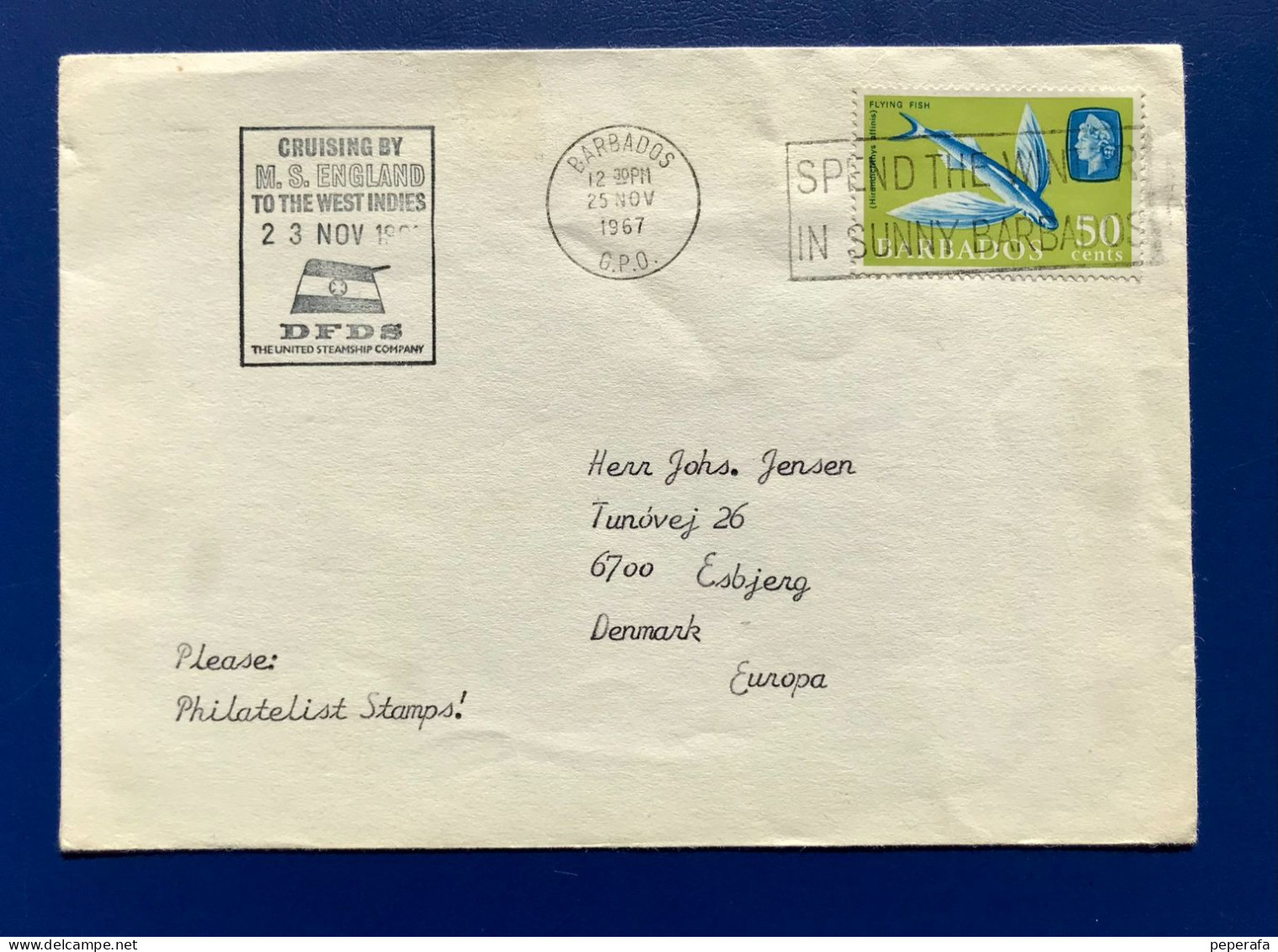 BARBADOS 1967, SOBRE POSTAL CIRCULADO A DINAMARCA, CRUISIN BY M S ENGLAND TO THE WEST INDIES - Barbades (1966-...)