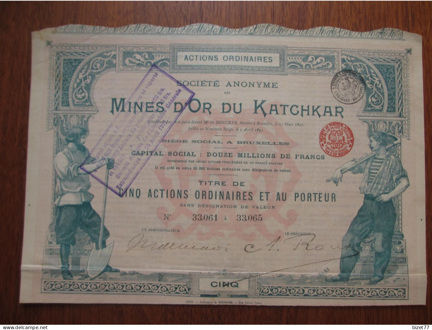 RUSSIE - BRUXELLES 1897 - SA DES MINES D'OR DU KATCHKAR - TITRE DE 5 ACTIONS ORDINAIRES - Other & Unclassified