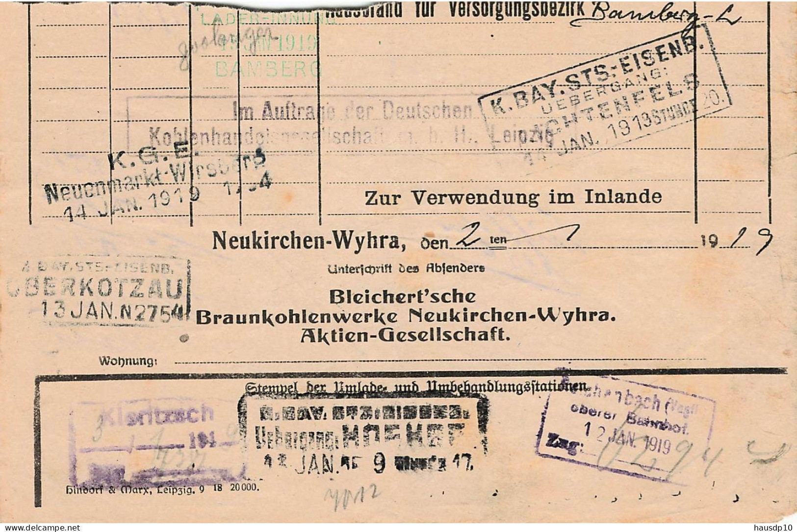 Teil Frachtbrief Bahnpost 1919 Frohburg - Neumarkt Wirsberg - Lichtenfels - Oberkotzau - Bamberg - 1900 – 1949