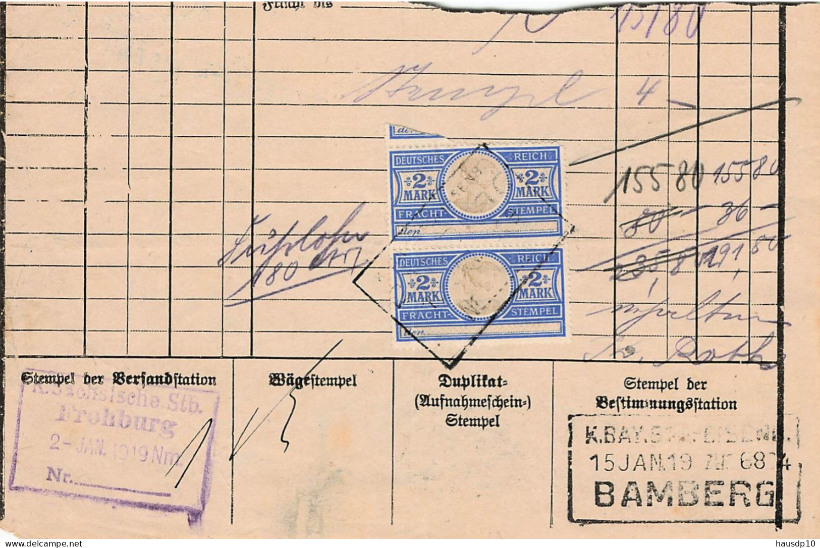 Teil Frachtbrief Bahnpost 1919 Frohburg - Neumarkt Wirsberg - Lichtenfels - Oberkotzau - Bamberg - 1900 – 1949