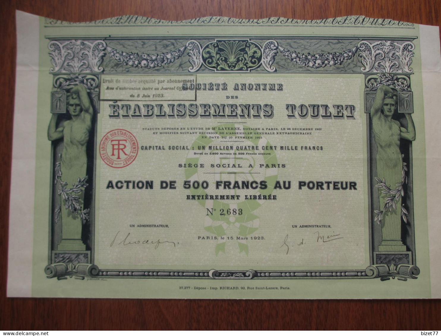 FRANCE - PARIS 1923 - SA DES ETABLISSEMENTS TOULET - ACTION DE 500 FRS - IMPRIMERIE RICHARD - Other & Unclassified
