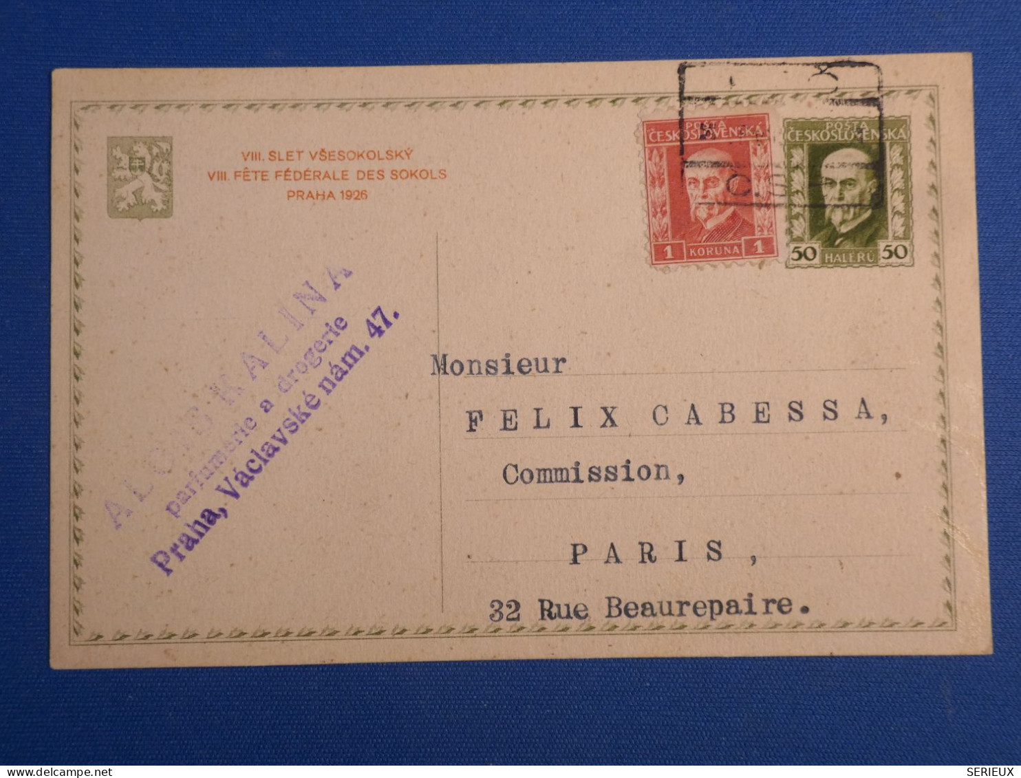 DL3    BELLE CARTE   ENTIER 1926 A PRAHA A  PARIS   +AFF. INTERESSANT++ - Interi Postali