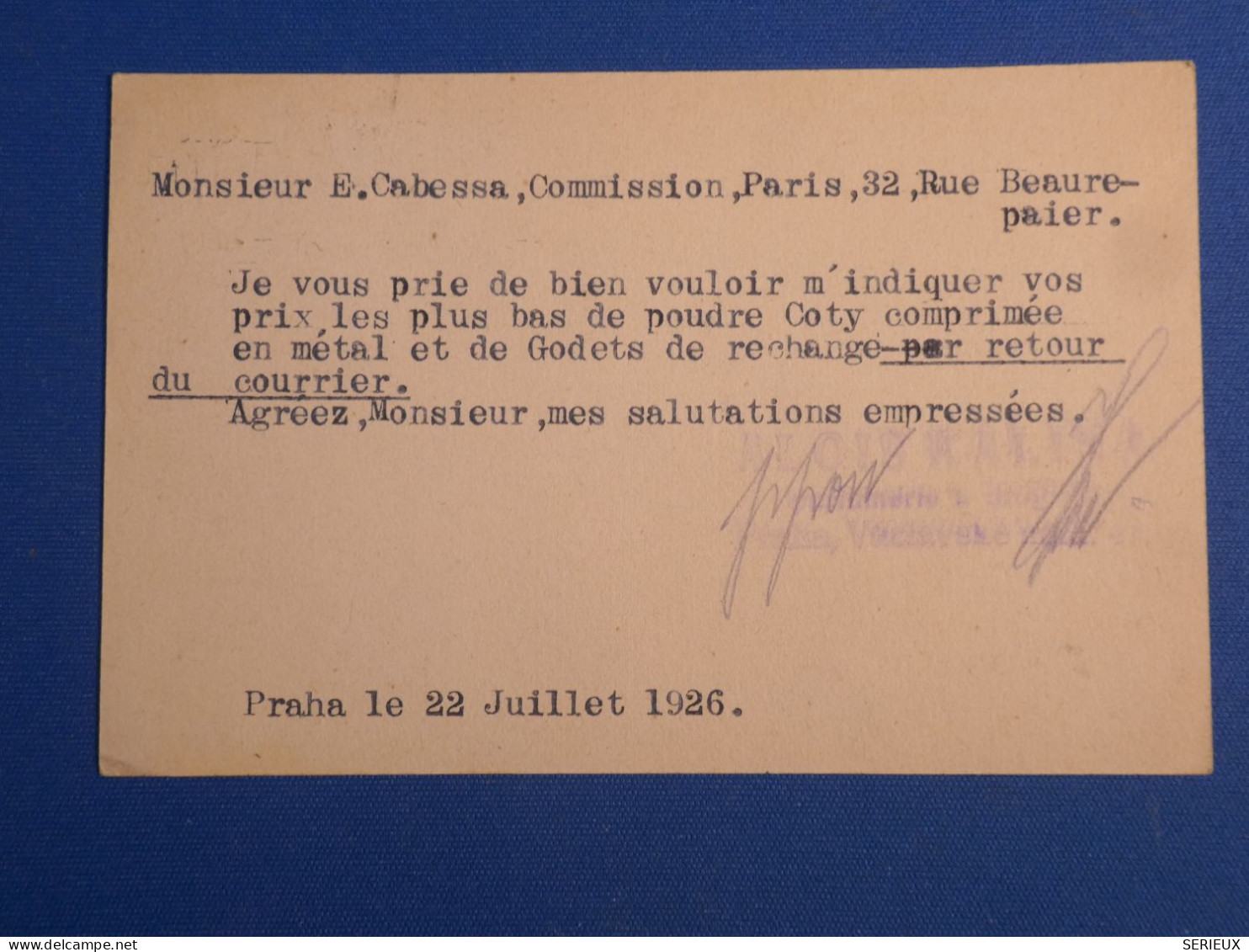 DL3    BELLE CARTE   ENTIER 1926 A PRAHA A  PARIS   +AFF. INTERESSANT++ - Postal Stationery