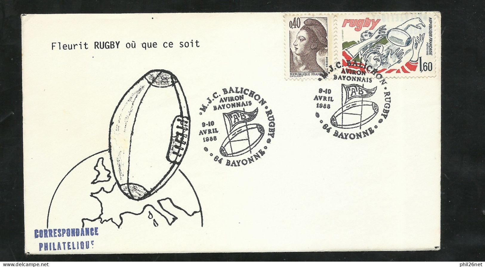 Lettre Illusttrée "ballon Rugby " " Aviron Bayonnais  9 Et 10/04/1988 N° 2183 Et 2236    Rugby + Cachets Illustrés B/TB - Rugby