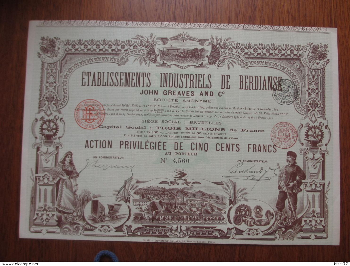 RUSSIE - BRUXELLES 1912 - ETS. INDUSTRIELS DE BERDIANSK: JOHN GREAVES - ACTION PRIVILEGIEE 500 FRS - IMPRIMERIE RICHARD - Other & Unclassified