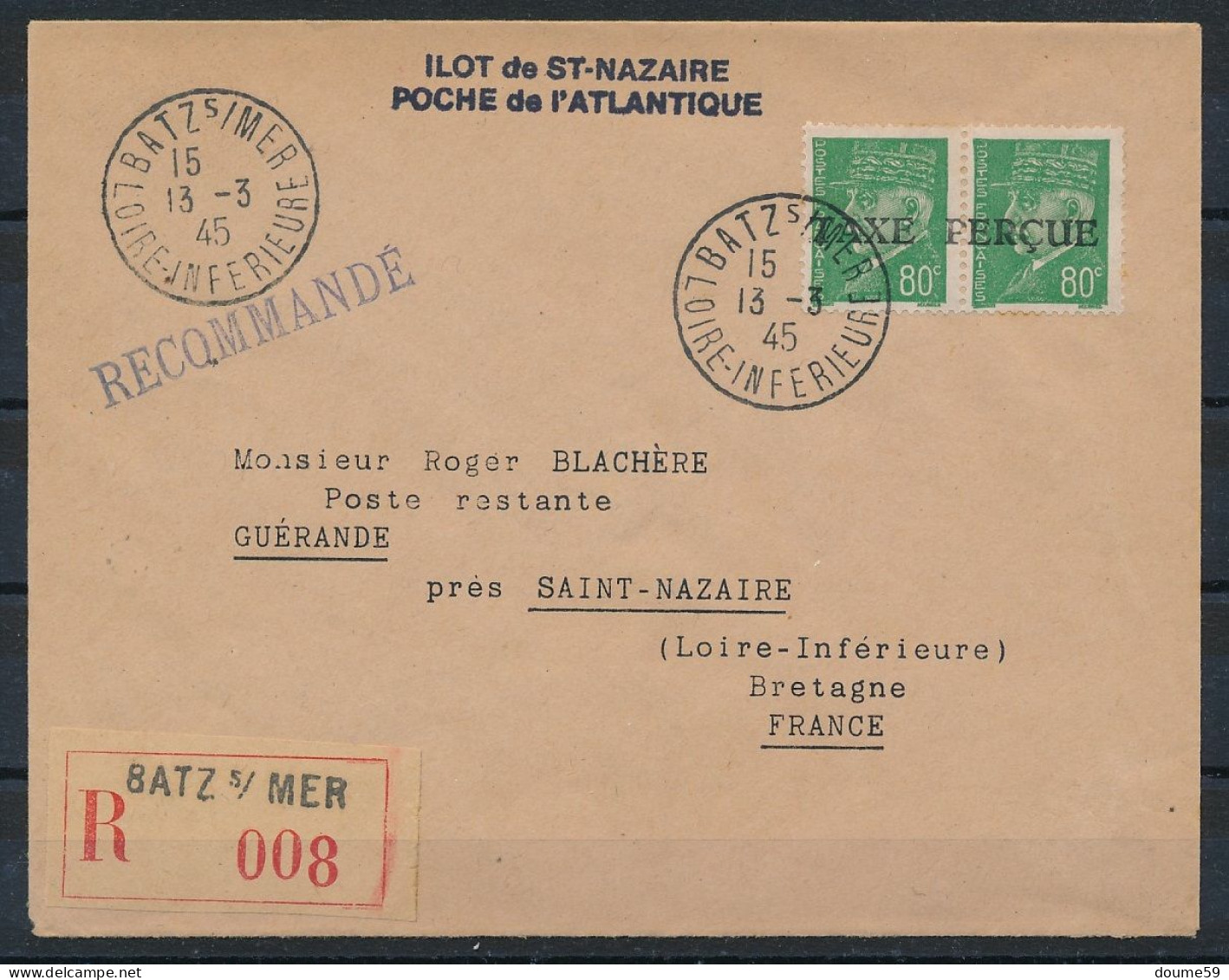 AB-426: FRANCE:  Libération Poche De St Nazaire Taxe Perçue Sur Type Pétain Du 13/3/45 - Liberation