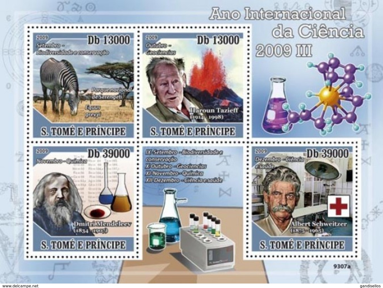 SAO TOME E PRINCIPE 2009 SHEET INTERNATIONAL YEAR OF SCIENCE TAZIEFF MENDELEEV SCHWEITZER ZEBRAS WILDLIFE St9307a - São Tomé Und Príncipe