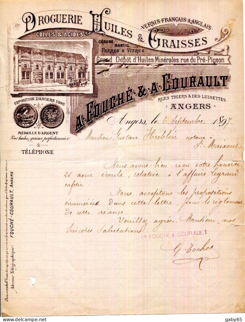 FACTURE.49.ANGERS.DROGUERIE.HUILES & GRAISSES.A.FOUCHÉ & A.COURAULT RUES THIERS & DES LUISETTES. - Drogisterij & Parfum