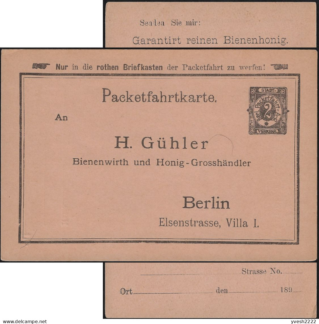 Berlin 1895. Poste Privée Berliner Packetfahrt... Entier Postal Timbré Sur Commande. Apiculteur Et Grossiste En Miel - Abejas