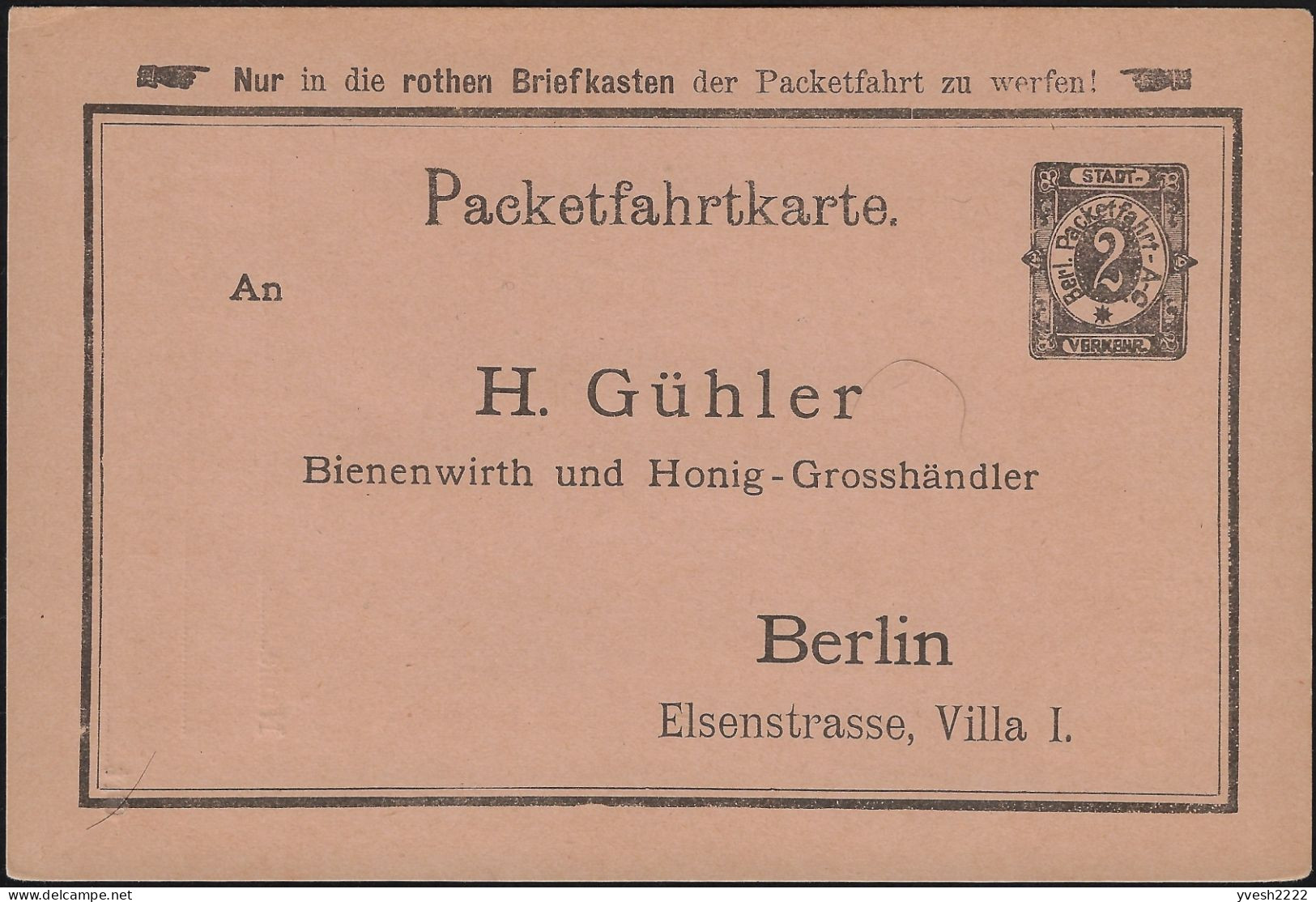 Berlin 1895. Poste Privée Berliner Packetfahrt... Entier Postal Timbré Sur Commande. Apiculteur Et Grossiste En Miel - Honingbijen