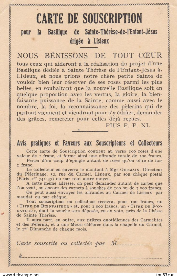 LISIEUX  -  CALVADOS  -  (14)   -  CPA  DE  LA  CARTE  DE  SOUSCRIPTION  DE  LA  BASILIQUE. - Heilige Stätte