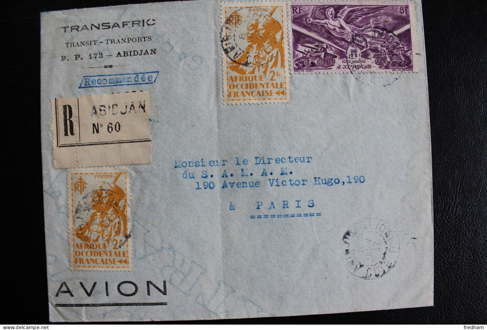 1947 POSTE AERIENNE CAD ABIDJAN CÔTE D'IVOIRE DU 08/01/1947 POUR PARIS Y&T NO YT-FR WA-PA4 ET WA14 X2  Reco NO 60 TB** - Cartas & Documentos