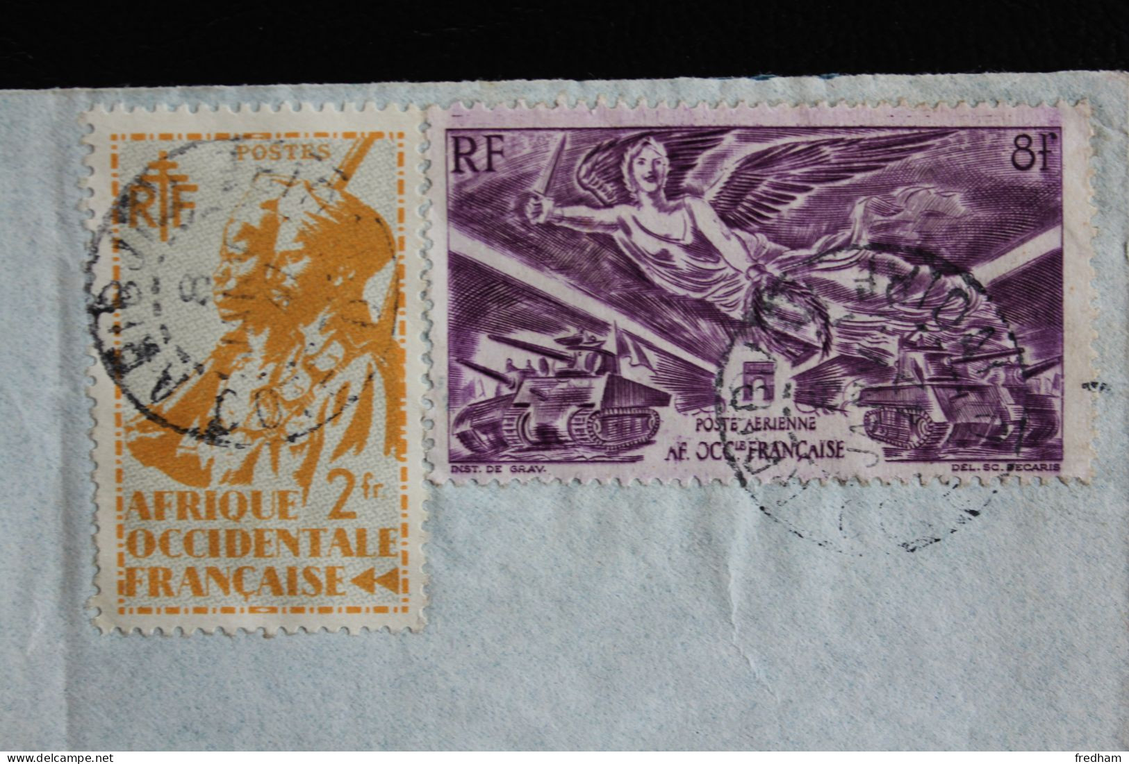 1947 POSTE AERIENNE CAD ABIDJAN CÔTE D'IVOIRE DU 08/01/1947 POUR PARIS Y&T NO YT-FR WA-PA4 ET WA14 X2  Reco NO 60 TB** - Cartas & Documentos