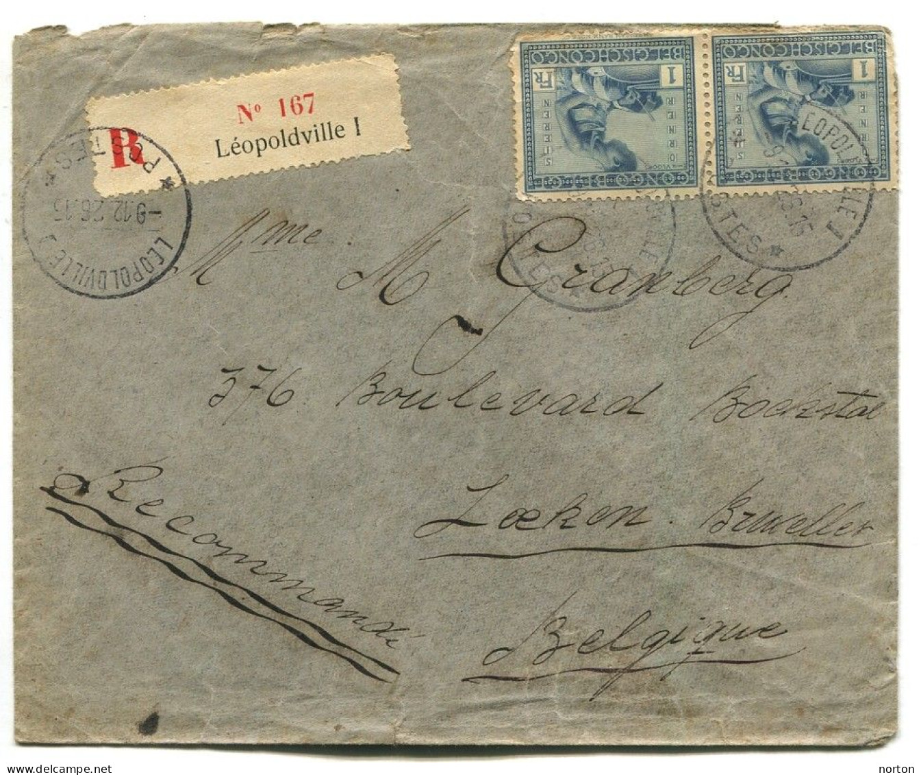 Congo Léopoldville 1 Oblit. Keach 7A2 Sur C.O.B. 127 (paire) + 108 (verso) Sur Lettre Recom. Vers Laeken Le 09/12/1926 - Lettres & Documents