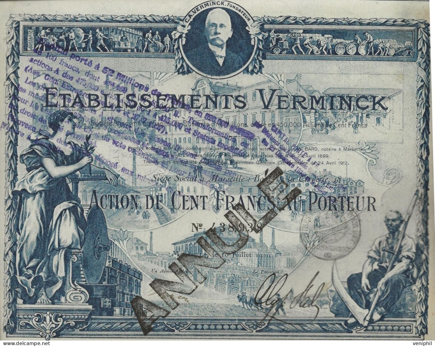 ETABLISSEMENT VERMINCK  - ACTION DE CENT FRANCS ILLUSTREE BLEU - ANNEE 1920 - Other & Unclassified