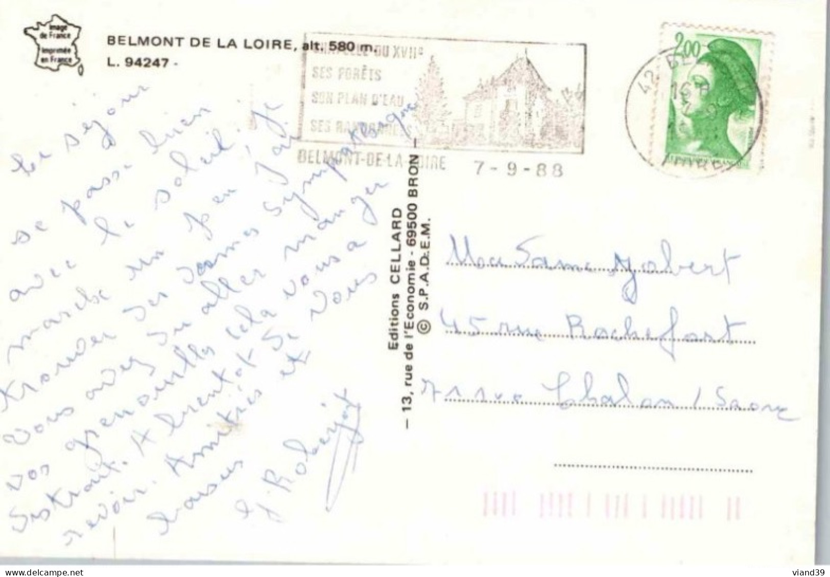 BELMONT Sur LOIRE. -  Flamme Postale. Belmont Sur Loire 7 Septembre 1988 - Belmont De La Loire