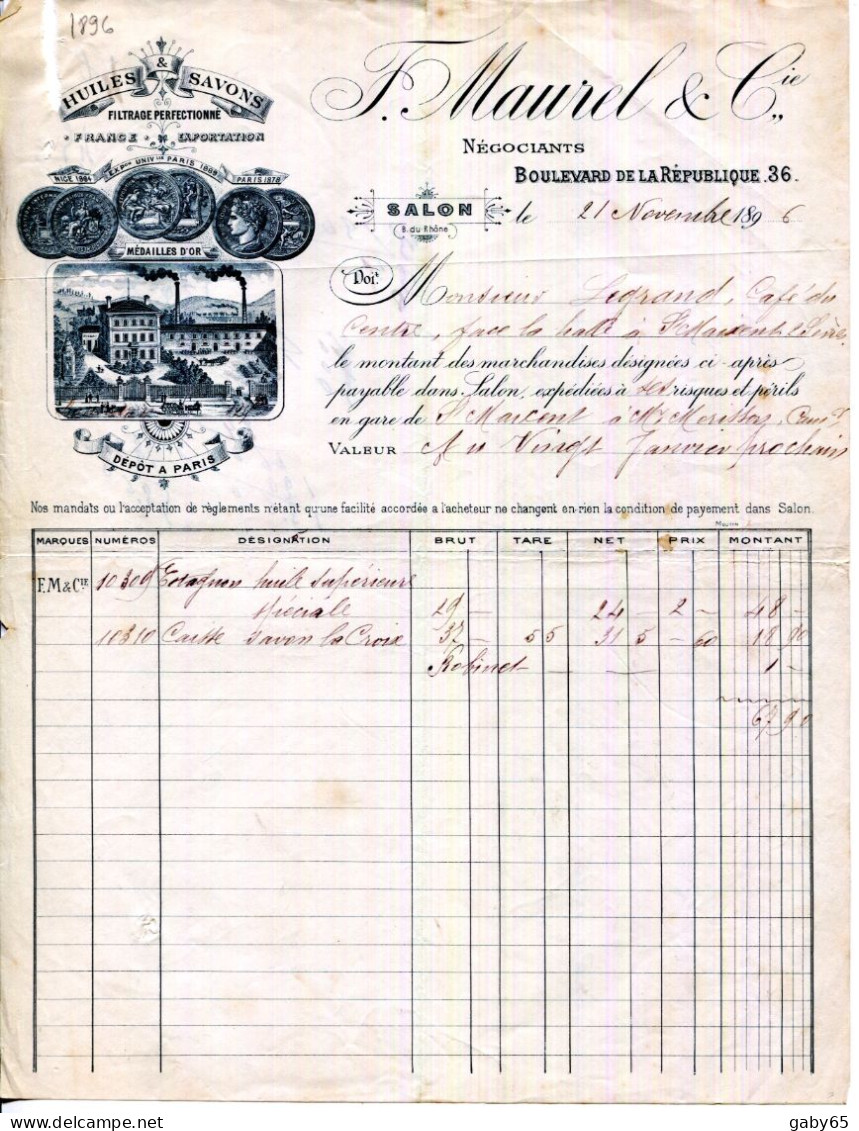 FACTURE.13.SALON DE PROVENCE.HUILES & SAVONS.F.MAUREL & Cie.NÉGOCIANTS 36 BOULEVARD DE LA RÉPUBLIQUE. - Alimentos