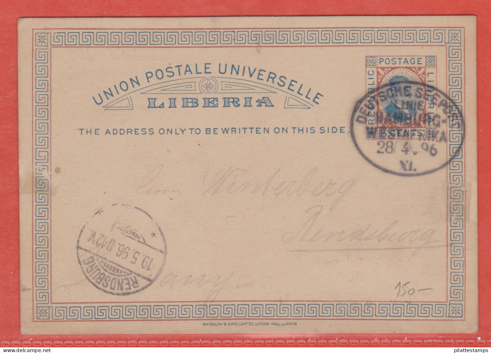 LIBERIA ENTIER POSTAL OBLITERATION LIGNE ALLEMANDE DE 1896 POUR RENDSBURG ALLEMAGNE - Liberia