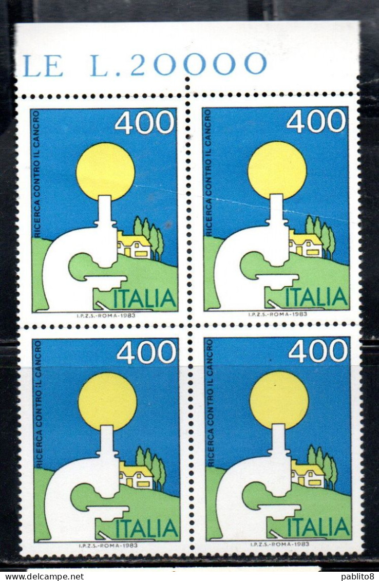 ITALIA REPUBBLICA ITALY REPUBLIC 1983 LOTTA CONTRO IL CANCRO FIGHT AGAINST CANCER QUARTINA ANGOLO DI FOGLIO BLOCK MNH - 1981-90: Neufs