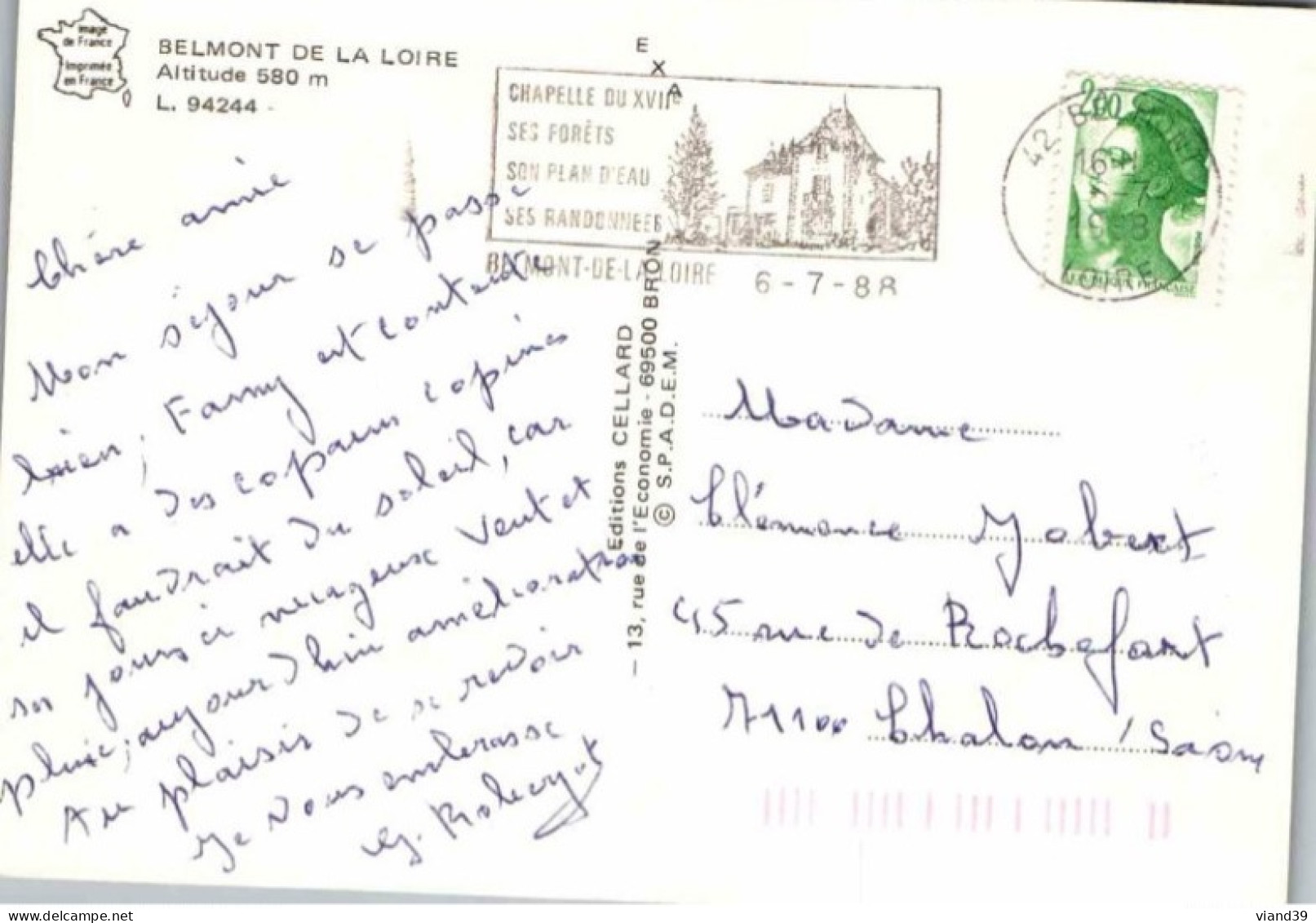 BELMONT Sur LOIRE. -  Flamme Postale. Belmont Sur Loire 6 Juillet 1988 - Belmont De La Loire