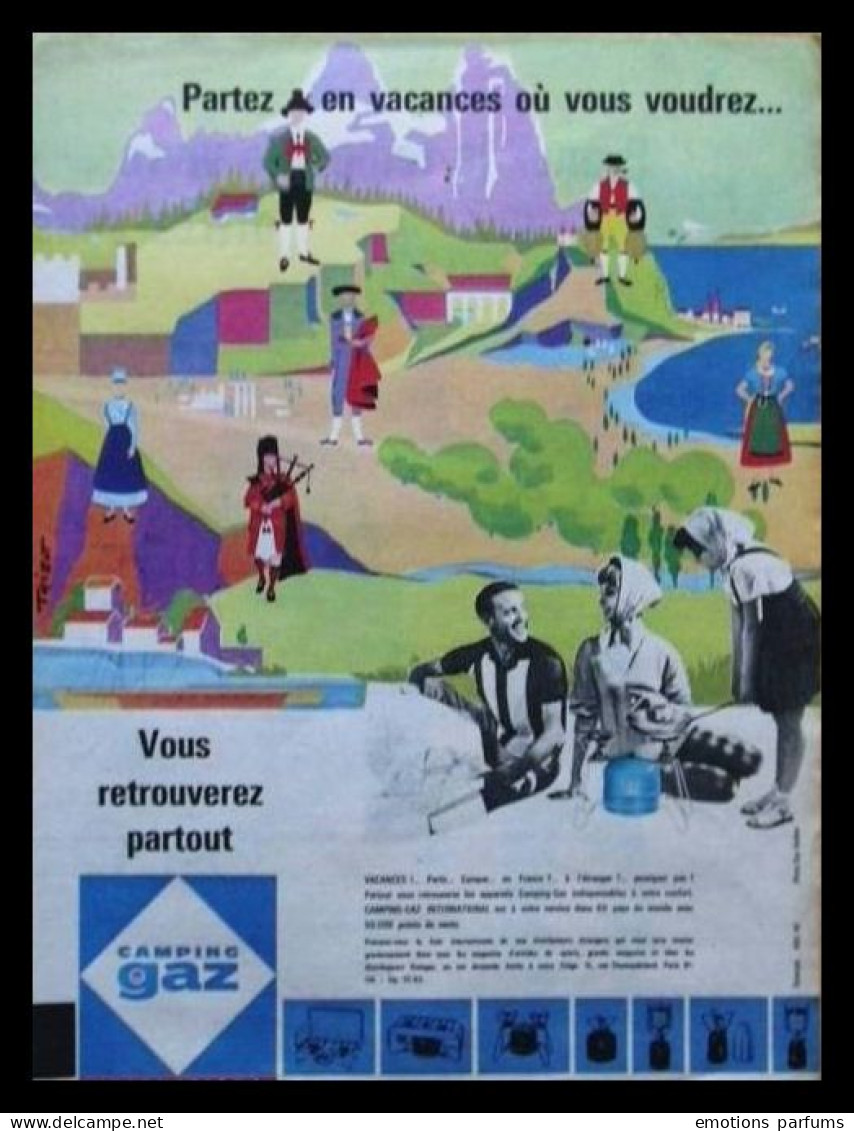 Pub Papier 1962 Camping Gaz Vacances Appareils  Vetements Costume Personnage Tradition Illustarteur Tribot - Werbung