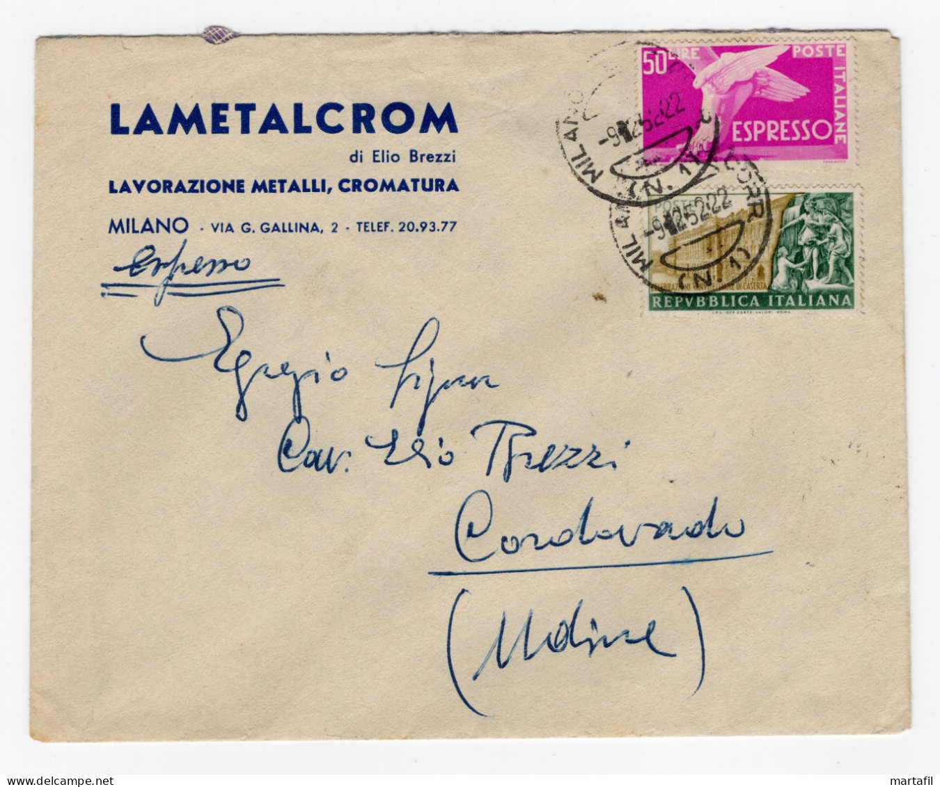 1952 Repubblica STORIA POSTALE Busta Affr. 25+50 Cat. +25 - 1946-60: Marcophilie