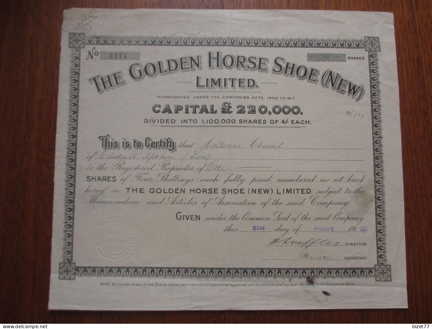 CANADA - ONTARIO 1930 - THE GOLDEN HORSE SHOE (NEW) - TITRE DE 1 ACTION DE 4 SHILLINGS - Autres & Non Classés