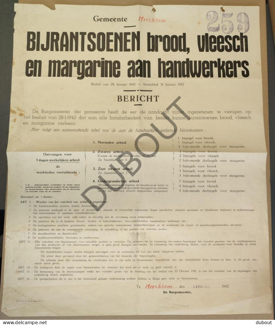 WOII - Affiche - 1942 Merchtem - Bijrantsoenen Brood, Vleesch En Margarine Aan Handwerkers  (P428) - Affiches