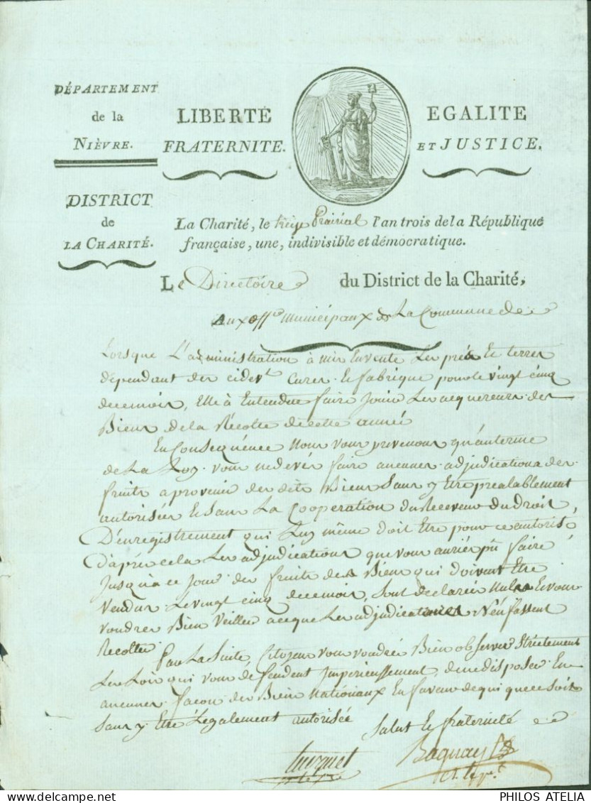 Révolution L.S Lettre Signature Directoire District Charité 3 Biens Nationaux Dépendant De La Ci-devant Cure  & Fabrique - Político Y Militar