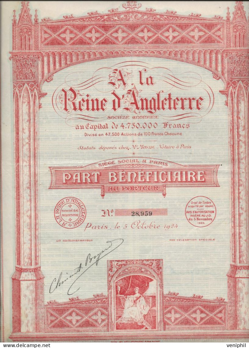 -A LA REINE D'ANGLETERRE - PART BENEFICIAIRE - ANNEE 1924 - Other & Unclassified