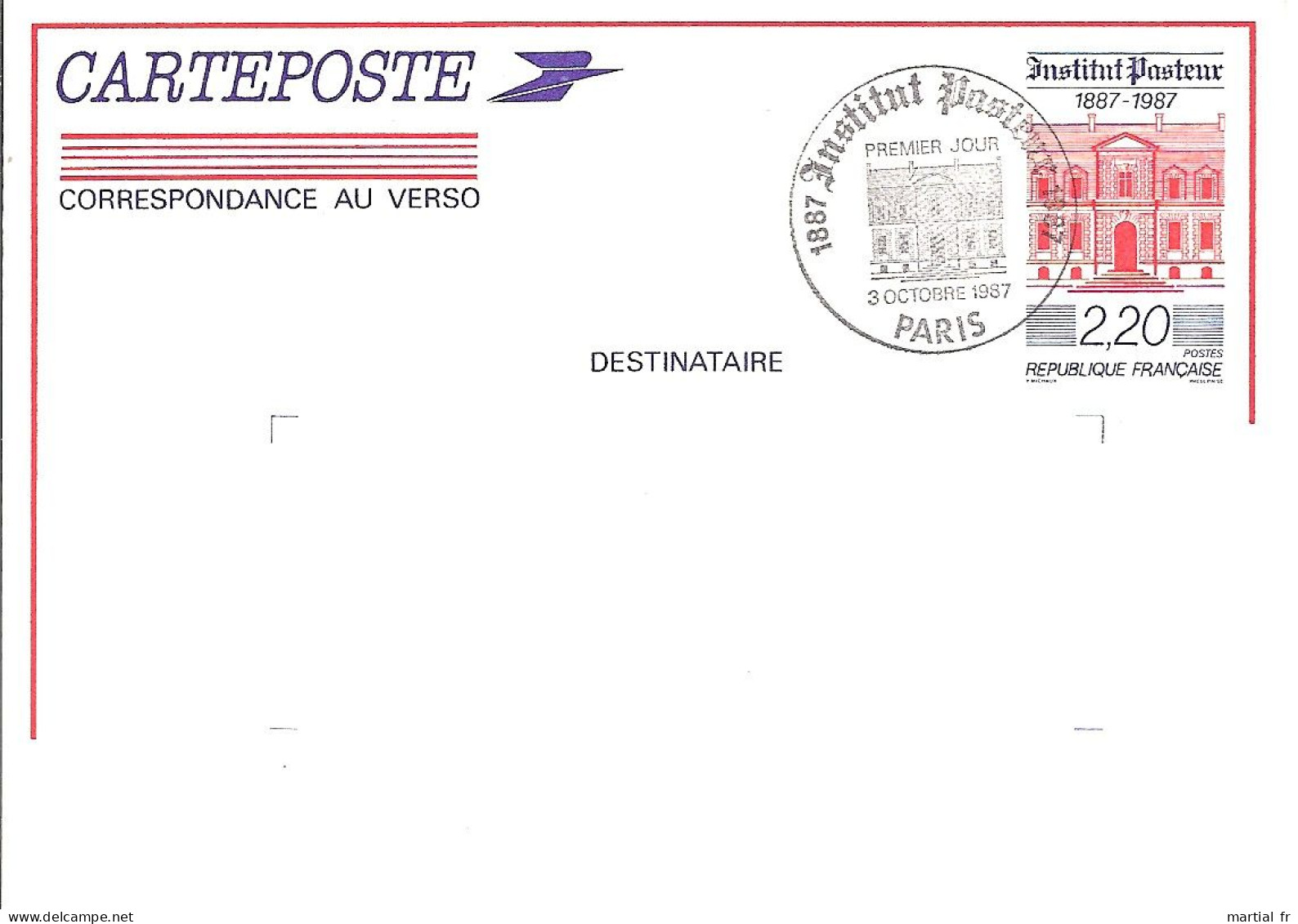 ENTIER POSTAL Carte Postale 2496-CP1 Centenaire De L'Institut Pasteur 1987 1ER JOUR FDC ERSTAUSGABE GANZSACHE STATIONERY - Louis Pasteur