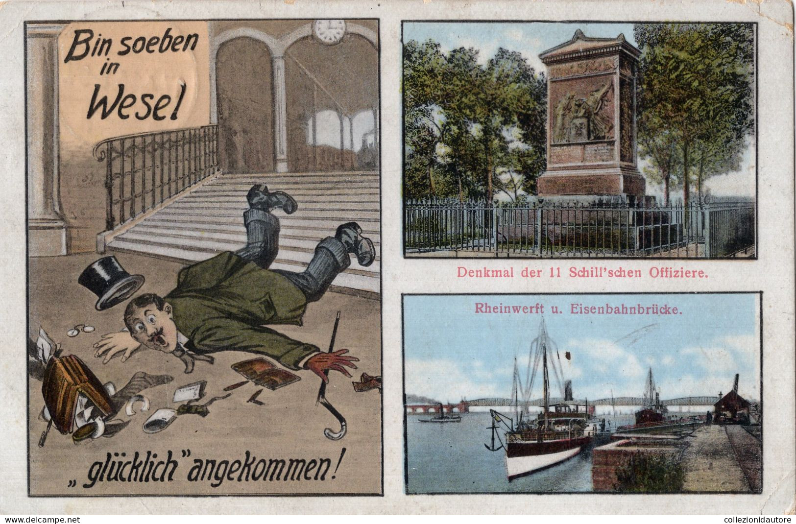 BIN SOEBEN IN WESEL - GLÜCKLICH ANGEKOMMEN! - DENKMAL DER 11 SCHILL'SCHEN OFFIZIERE - CARTOLINA FP SPEDITA NEL 1914 - Wesel