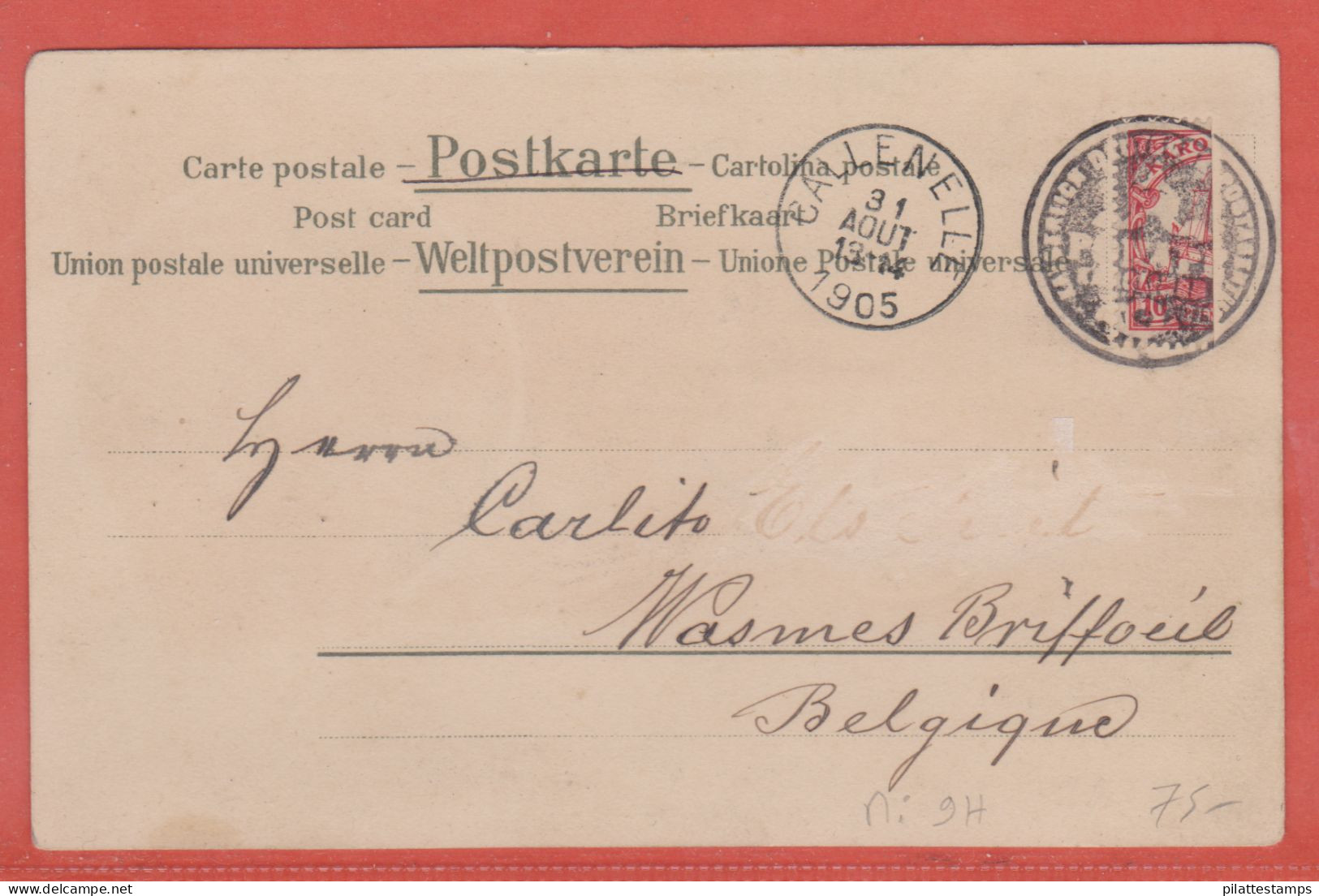 CAROLINES TIMBRE COUPE MICHEL 9H SUR CARTE DE 1905 DE PONAPE POUR CALLENELLE BELGIQUE - Marshalleilanden