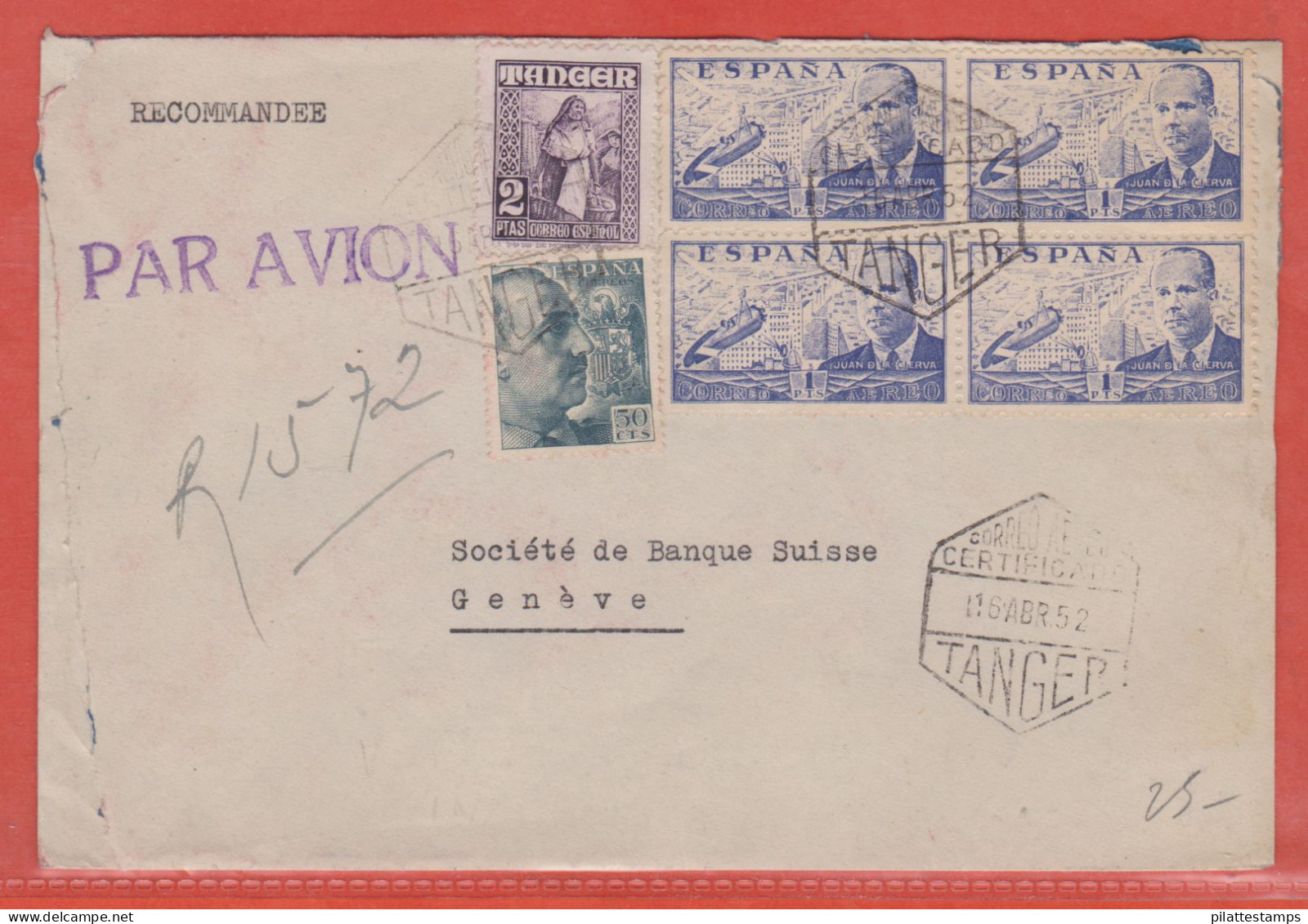 MAROC ESPAGNOL LETTRE RECOMMANDEE DE 1952 DE TANGER POUR GENEVE SUISSE - Marocco Spagnolo