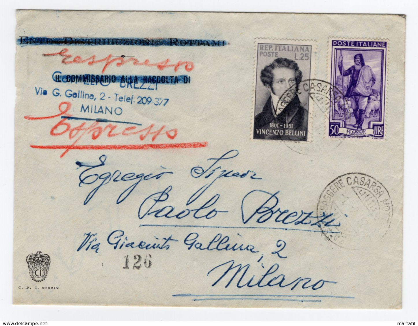 1952 Repubblica STORIA POSTALE Busta Affr. 50+25 Cat. +25 - 1946-60: Marcofilia