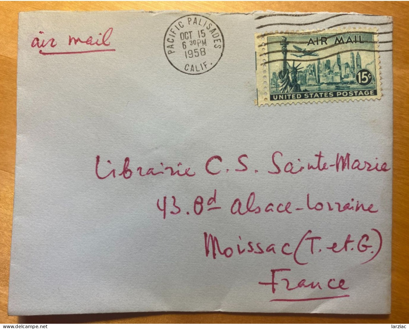 Enveloppe USA Affranchie Pour La France Oblitération Pacific Palisades 1958 - Lettres & Documents