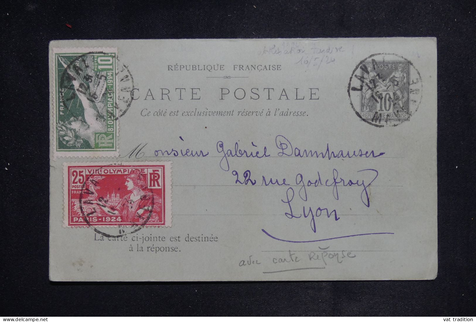 FRANCE - Entier Postal Sage Avec Réponse + Compléments (Série Des Jeux Olympiques) - Laval Pour Lyon En 1924  - L 150924 - Standard Postcards & Stamped On Demand (before 1995)