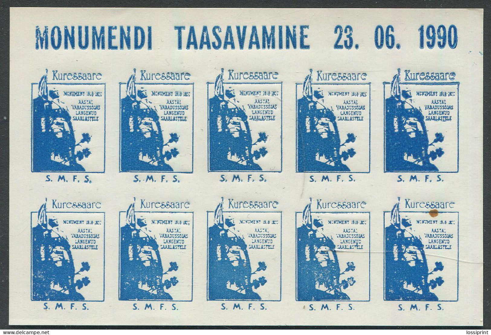 Estonia:Unused Label Kuressaare Freedom War Monument Reopening 1990, Blue, Issued By Saaremaa Philately Society 1990 - Estonia