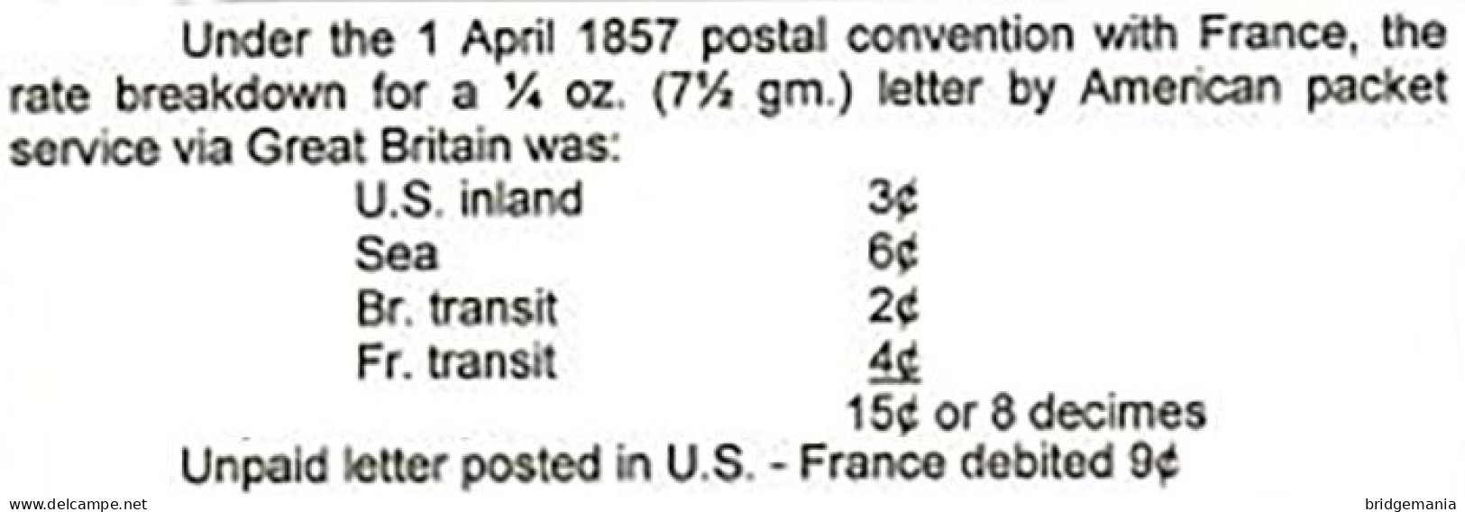 MTM101 - 1860 TRANSATLANTIC LETTER USA TO FRANCE Steamer CITY OF BALTIMORE - UNPAID 4 RATE - Storia Postale