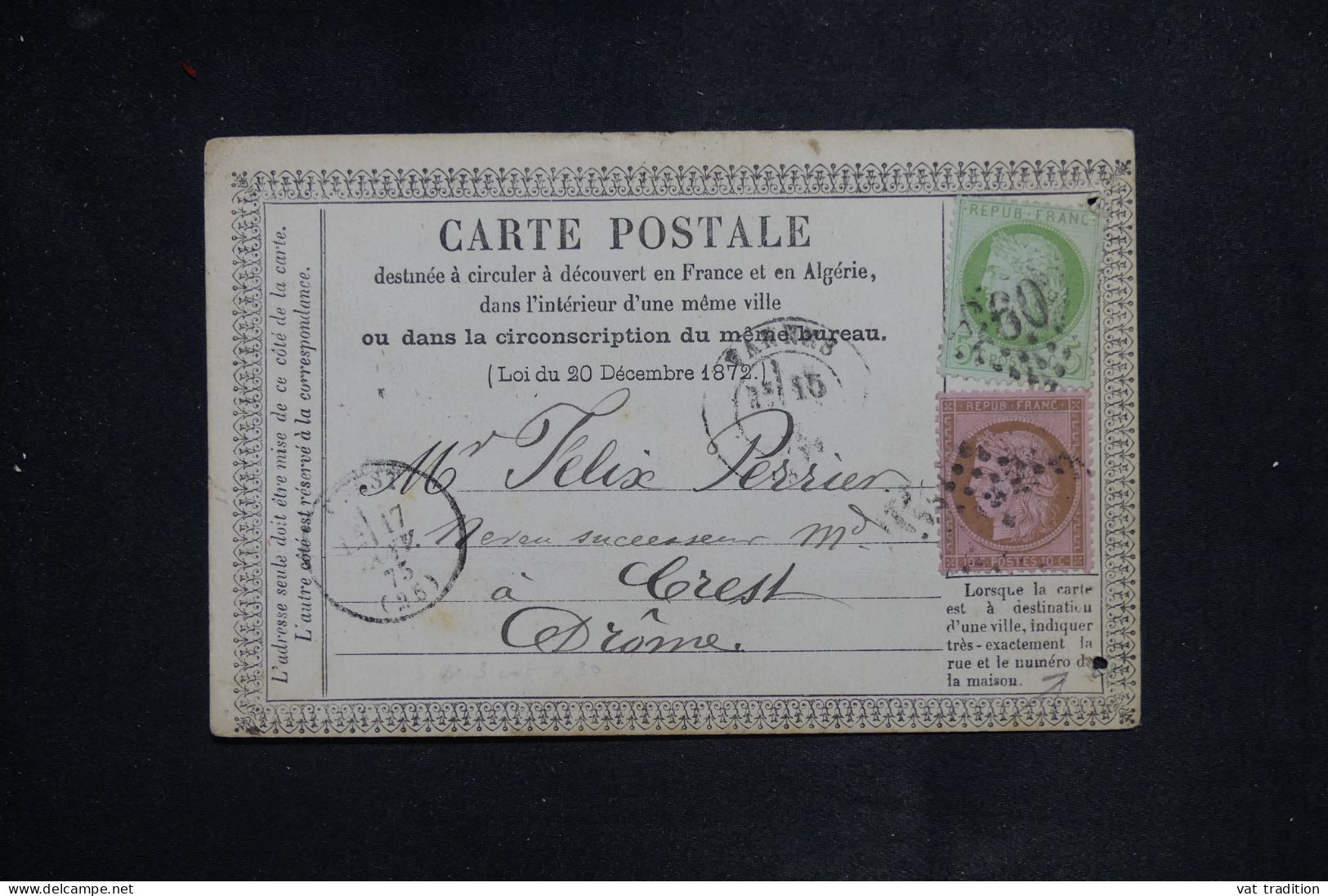 FRANCE - Cérès 5ct + 10ct Sur Carte Précurseur De Vannes Pour Crest En 1875 - L 150925 - Precursor Cards