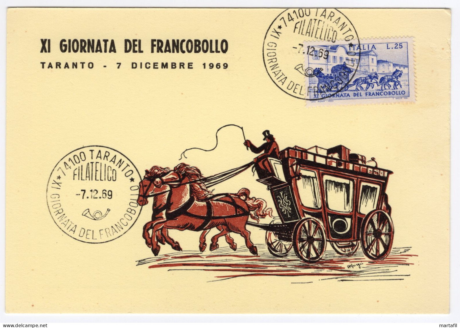 1969 Cartolina MAXi Maximum XI Giornata Del Francobollo, Carrozza, Cavalli, Horses - Maximumkaarten