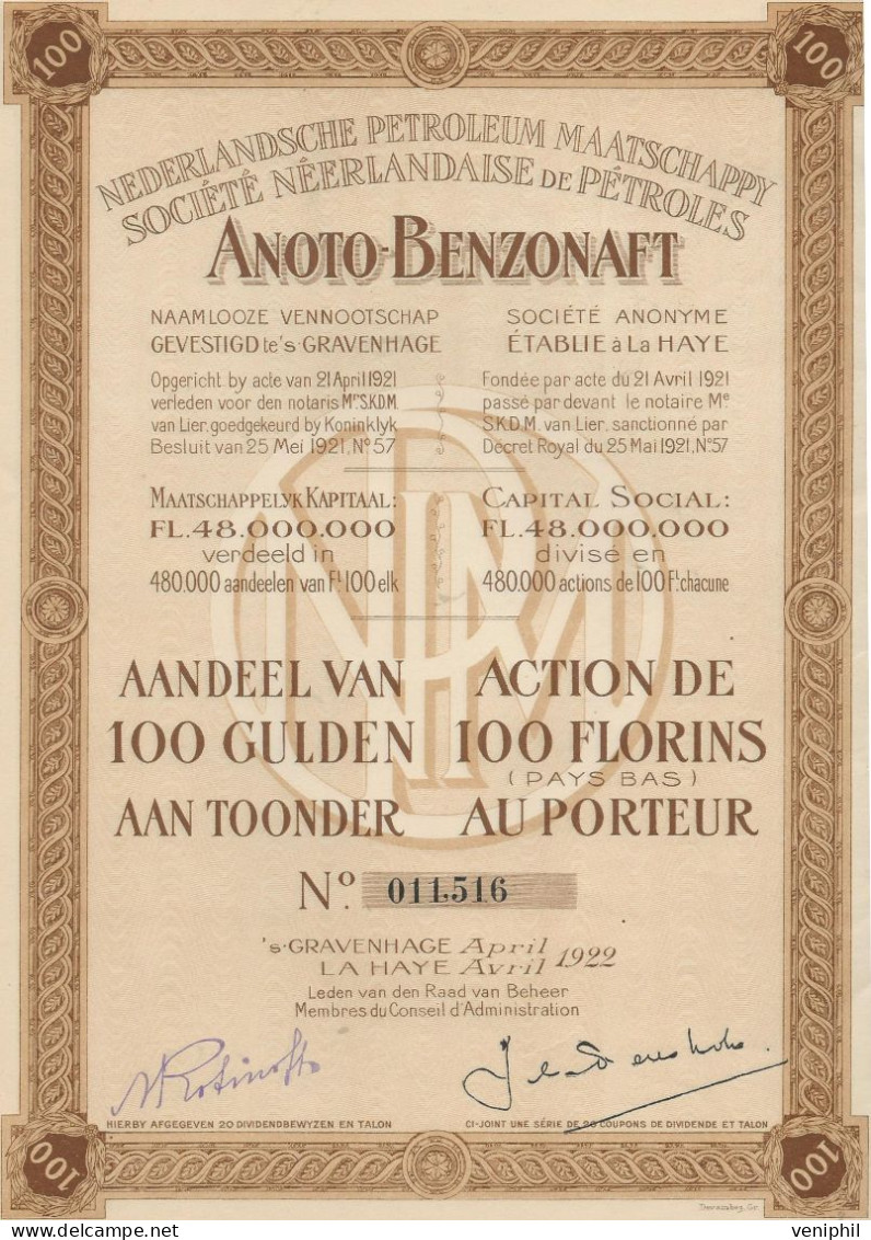 SOCIETE NEERLANDAISE DE PETROLES -ANOTO - BENZONAFT -LOT DE 2 ACTIONS DE 100 FLORINS ANNEE 1922 - Pétrole